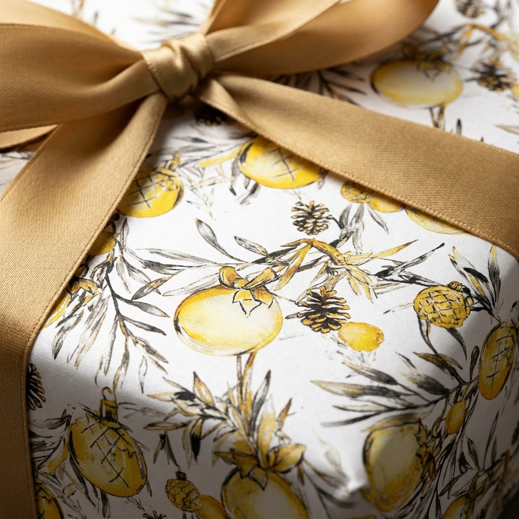 Elegant gold Christmas wrapping paper with a botanical ornament pattern and satin bow by Wrapped Studios.