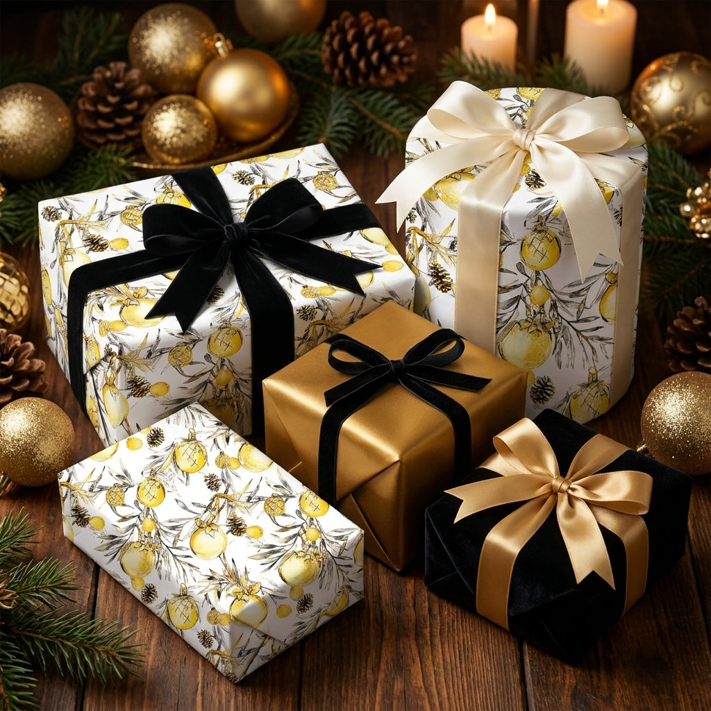 Elegant gold botanical Christmas wrapping paper with black velvet bows by Wrapped Studios.