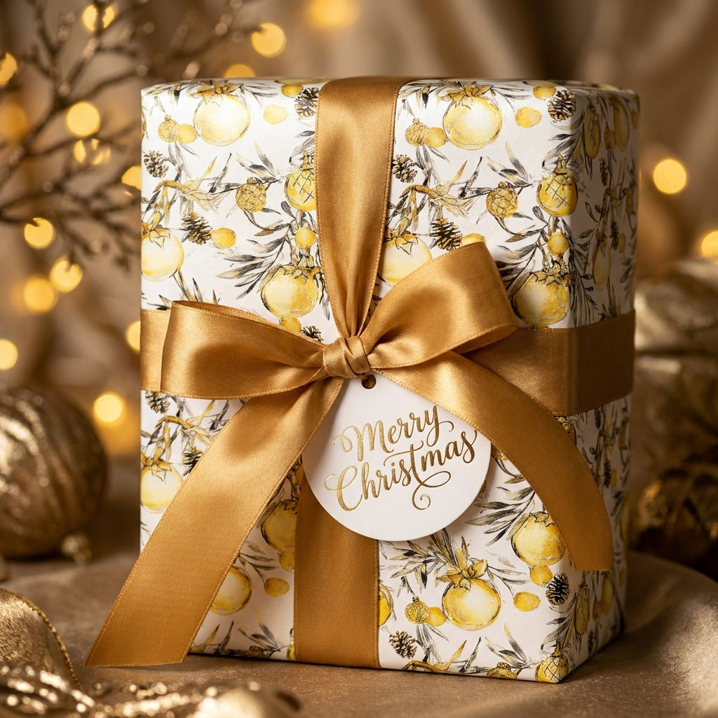 Luxury gold ornament Christmas wrapping paper with satin ribbon bow by Wrapped Studios.
