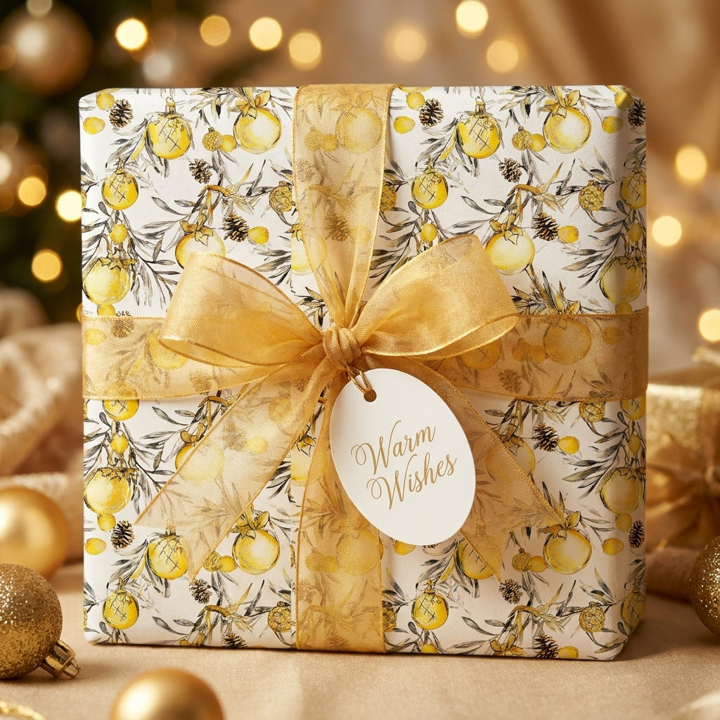 Luxury gold Christmas wrapping paper with festive ornament pattern and ribbon by Wrapped Studios.