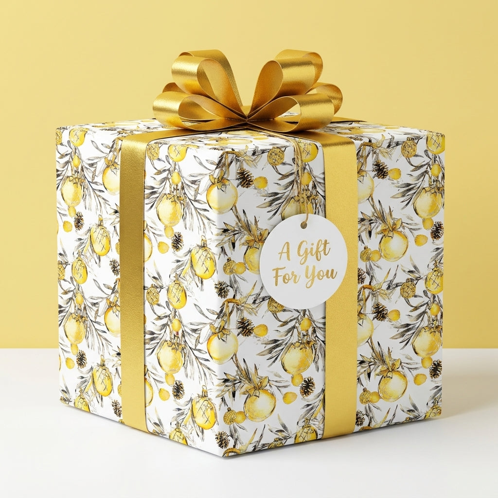 Luxury gold Christmas wrapping paper with ornament pattern and gold bow on a gift box by Wrapped Studios.