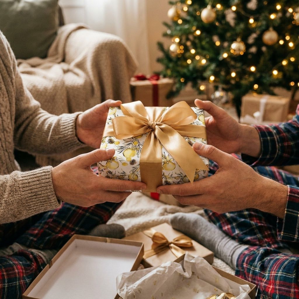 Hands exchanging a gift in gold ornament Christmas wrapping paper with a satin bow by Wrapped Studios.