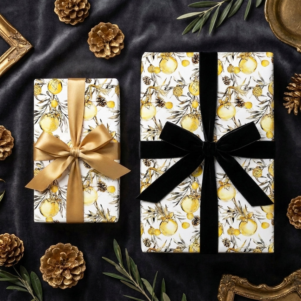 Elegant botanical Christmas wrapping paper with gold ornaments and velvet ribbons, by Wrapped Studios.