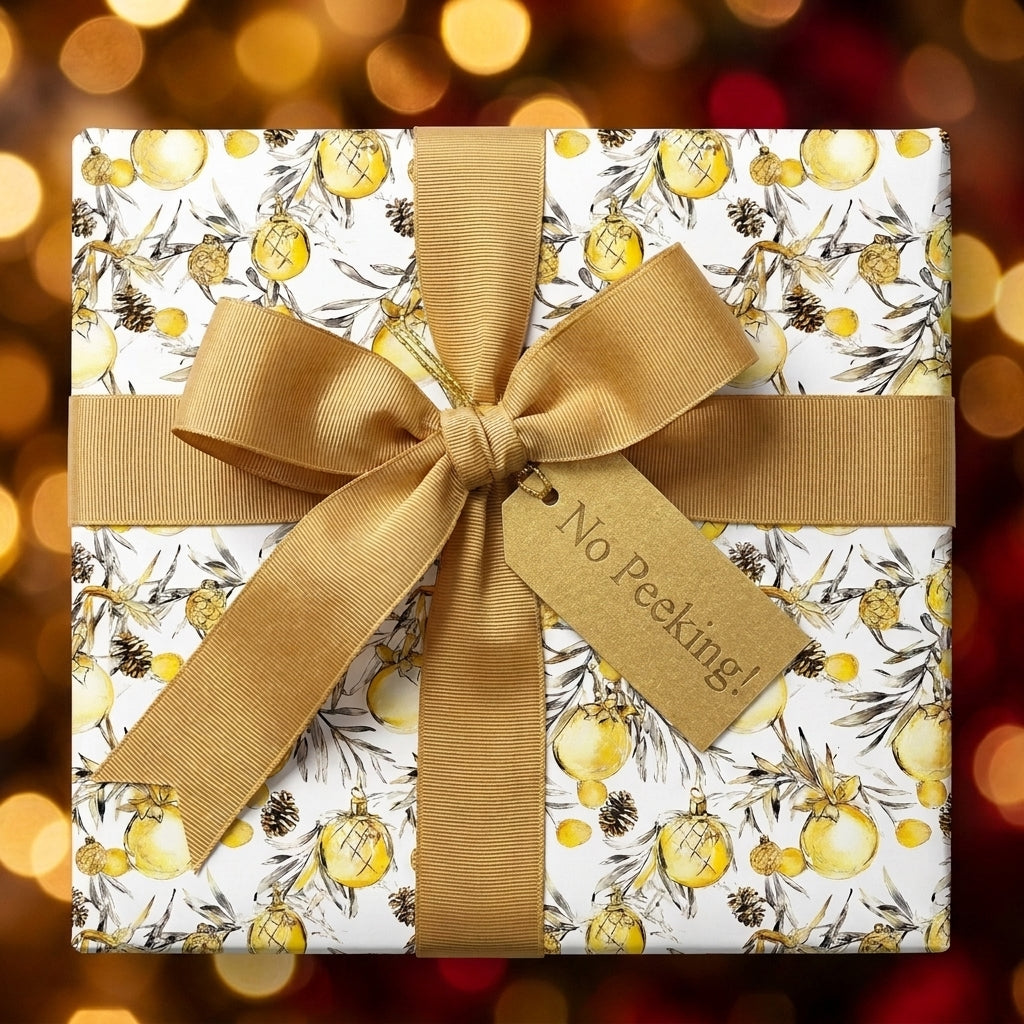 Gold ornament Christmas gift wrap with a luxury ribbon bow by Wrapped Studios.