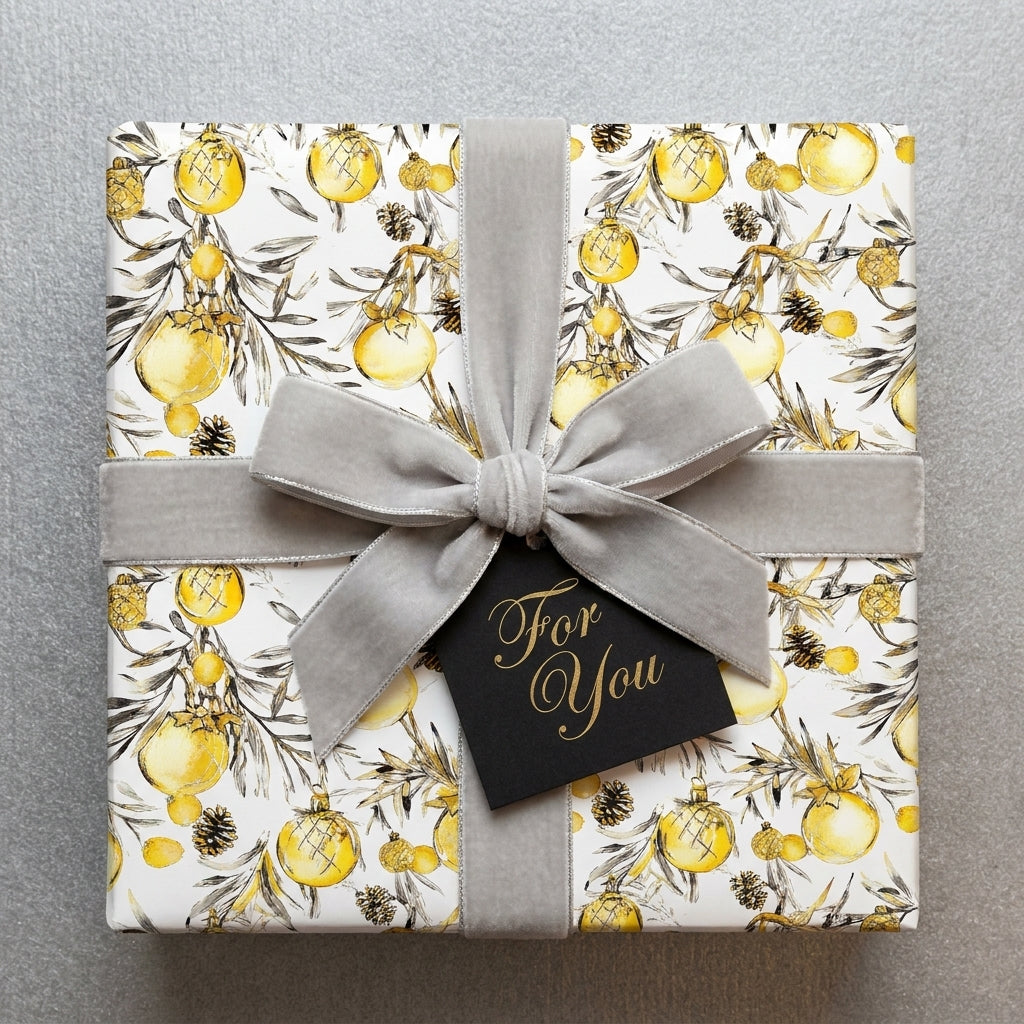 Luxury Christmas gift wrap with yellow ornaments and a grey velvet bow by Wrapped Studios.