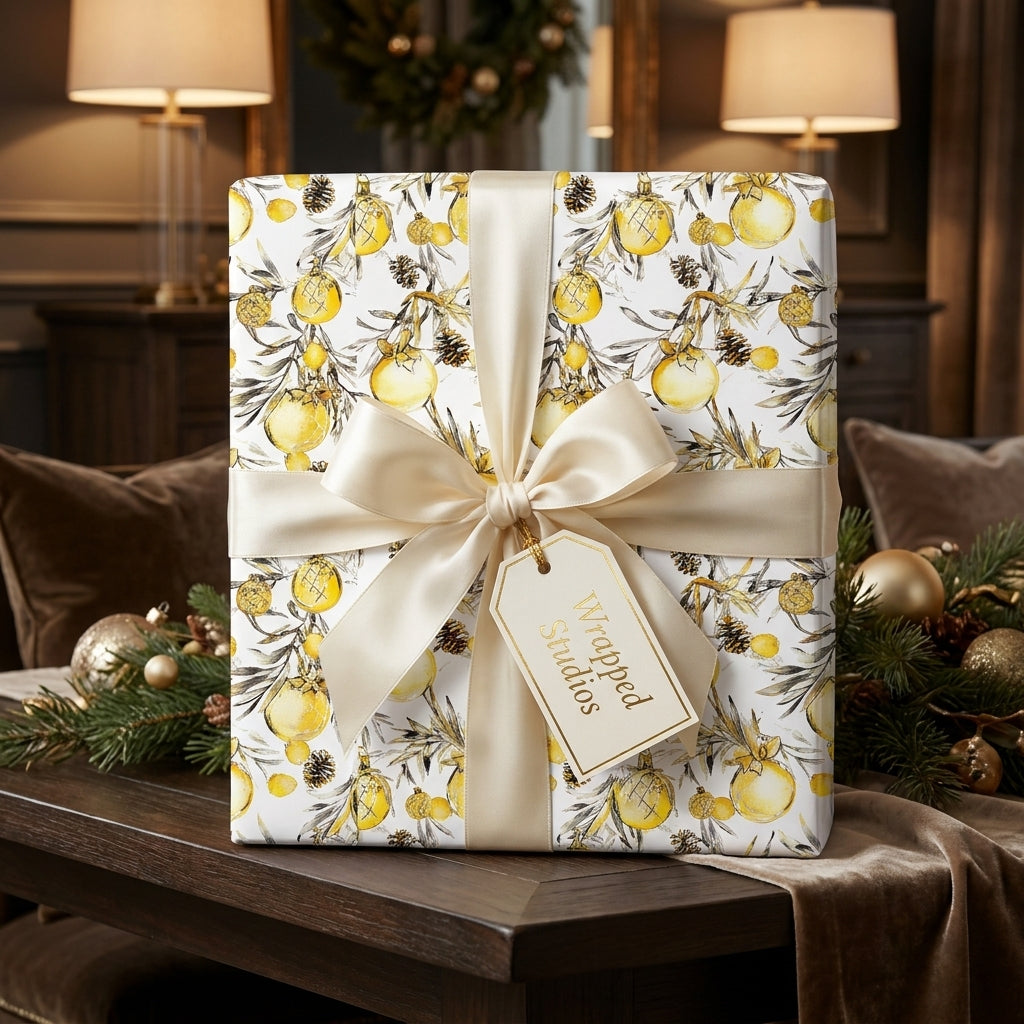 Luxury gold Christmas gift wrap by Wrapped Studios featuring a botanical ornament print and champagne bow.