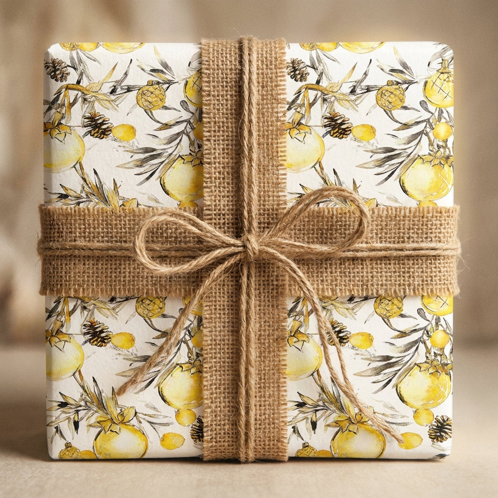Rustic Christmas wrapping paper with yellow ornaments and burlap ribbon by Wrapped Studios.