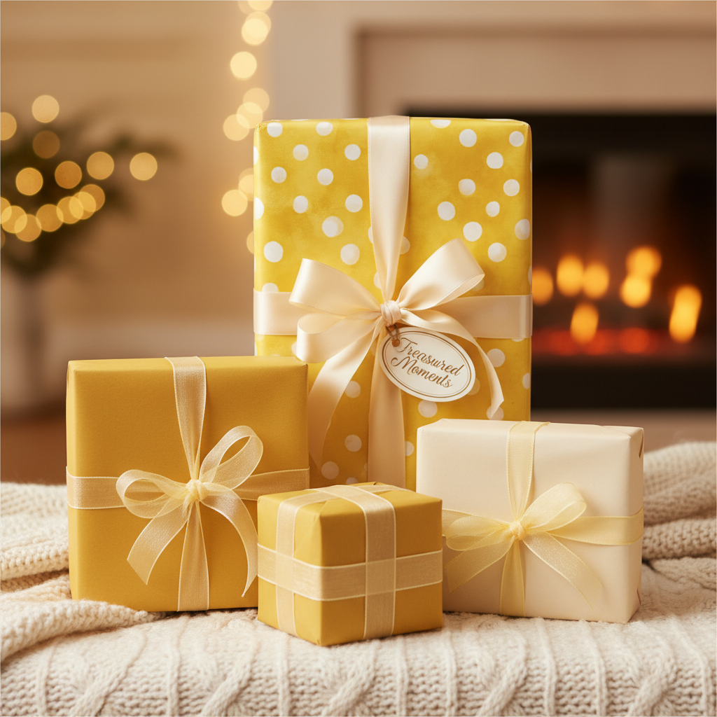 Elegant yellow and gold polka dot wrapping paper with satin ribbons and "Treasured Moments" tag, perfect for luxury birthday or holiday gifts.