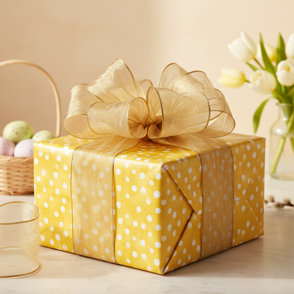 Elegant yellow polka dot gift wrap with a sheer gold ribbon and bow, perfect for Easter or spring celebrations.
