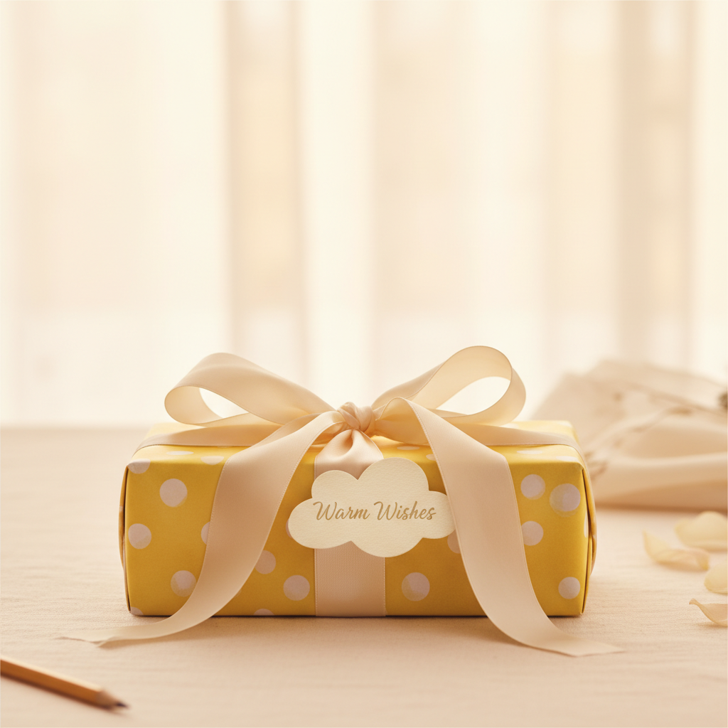 Yellow polka dot birthday gift wrap with cream ribbon and "Warm Wishes" tag.
