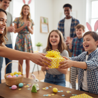 Happy boy receiving a yellow polka dot gift box with a bright yellow bow, celebrating Easter with family.