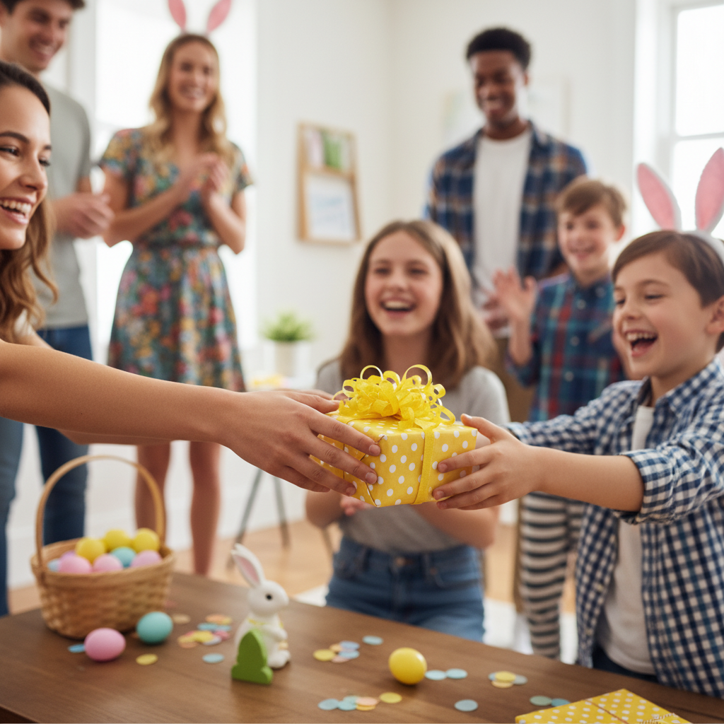 Happy boy receiving a yellow polka dot gift box with a bright yellow bow, celebrating Easter with family.