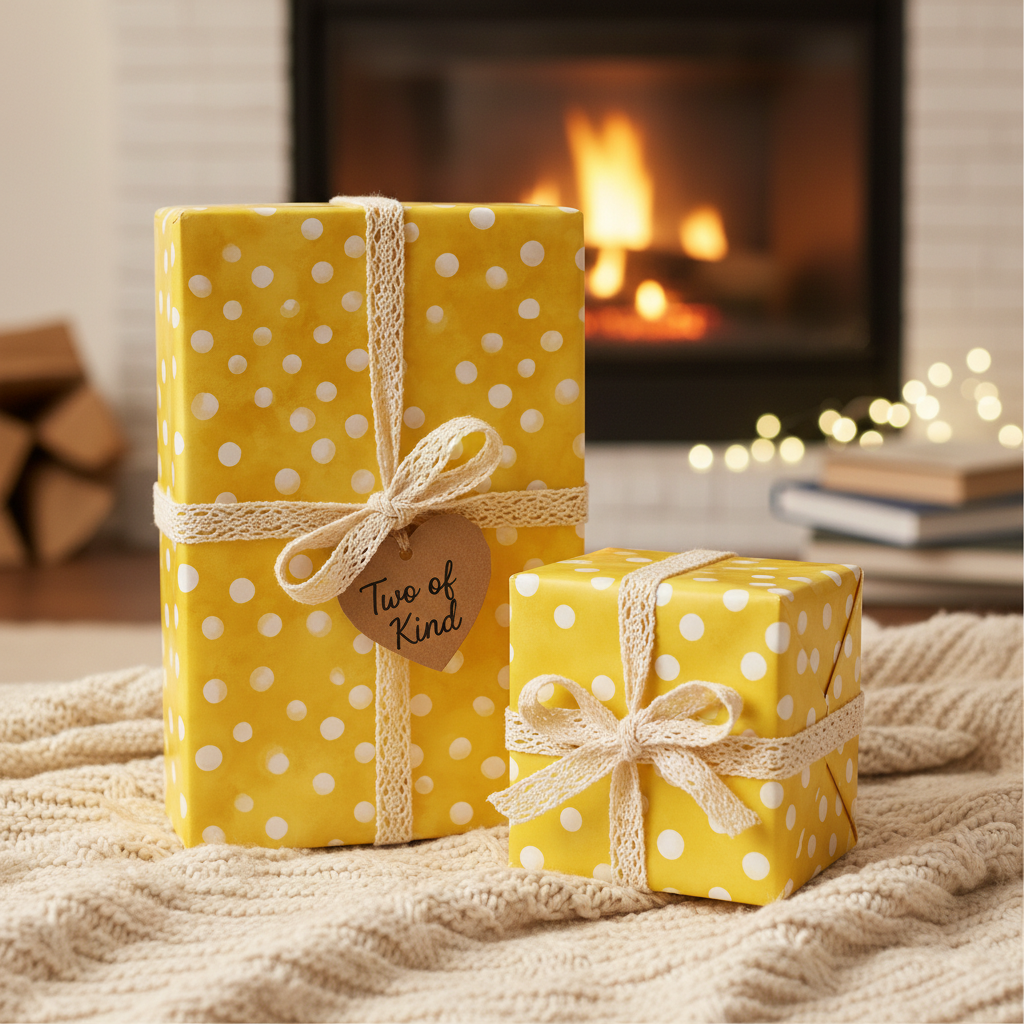 Yellow polka dot wrapping paper gifts with a "Two of Kind" tag, rustic lace ribbon, and bows, set in front of a cozy fireplace.
