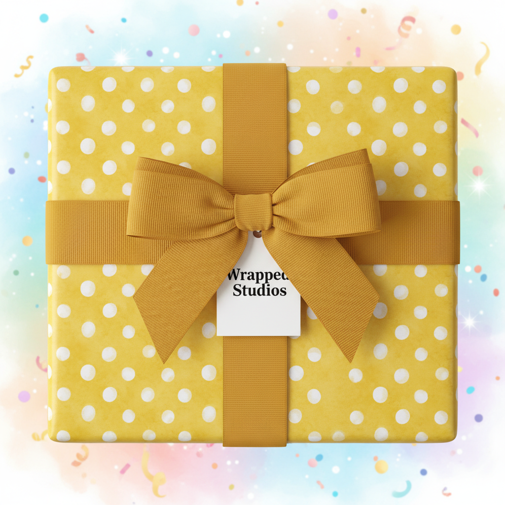 Playful yellow polka dot birthday wrapping paper with a gold ribbon and bow, perfect for a festive gift.