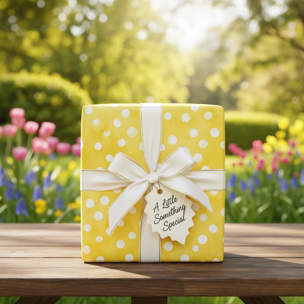 Bright yellow polka dot birthday wrapping paper with a white ribbon and "A Little Something Special" tag on a rustic wooden table in a sunny garden.