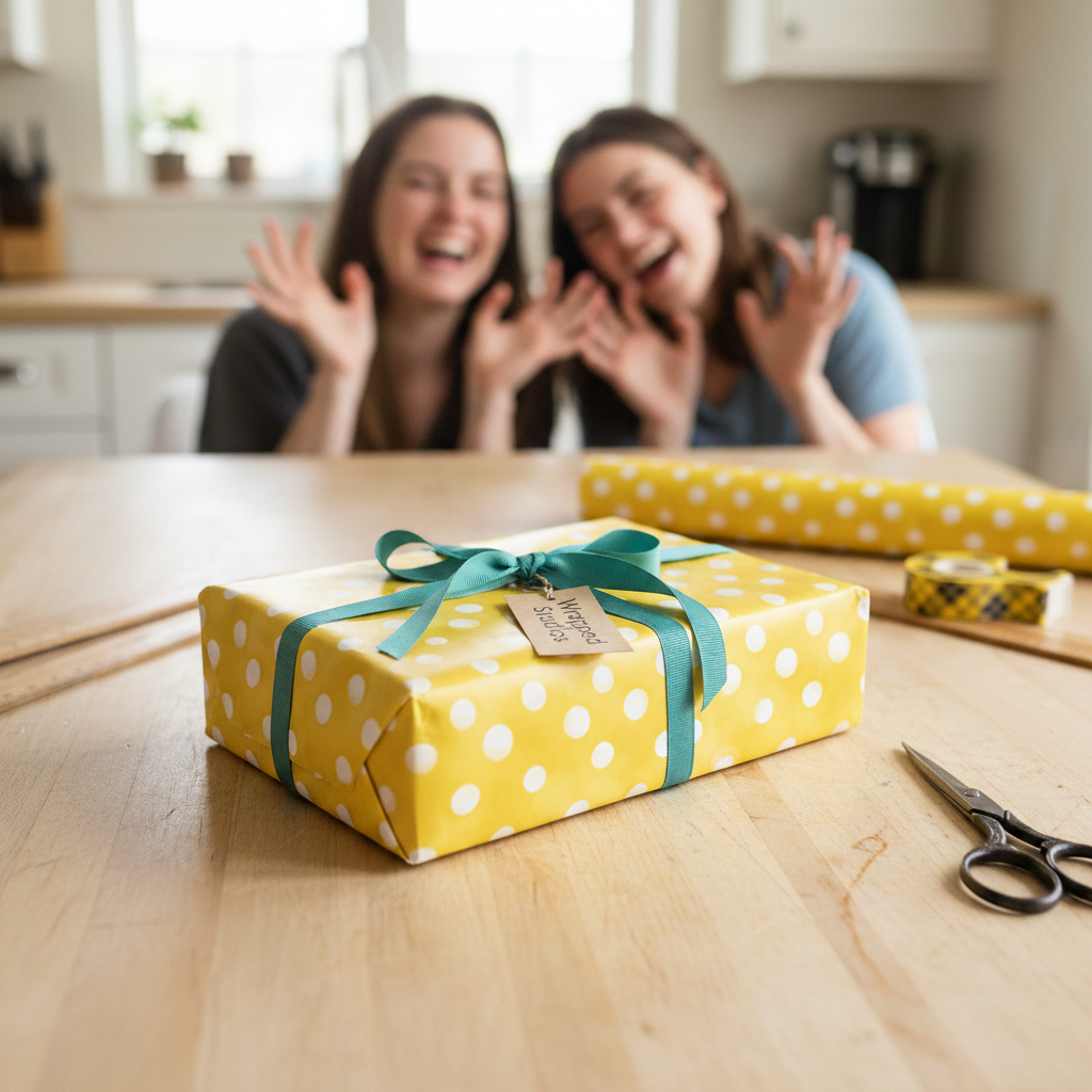 Happy friends with a yellow polka dot gift box tied with a teal ribbon and "Wrapped Stories" tag on a wooden table.